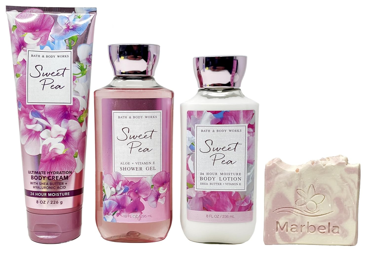 Bath & Body Works Sweet Pea Trio Gift Set - Body Cream, Shower Gel and Body Lotion with a Himalayan Salts Springs Sample Bar Soap