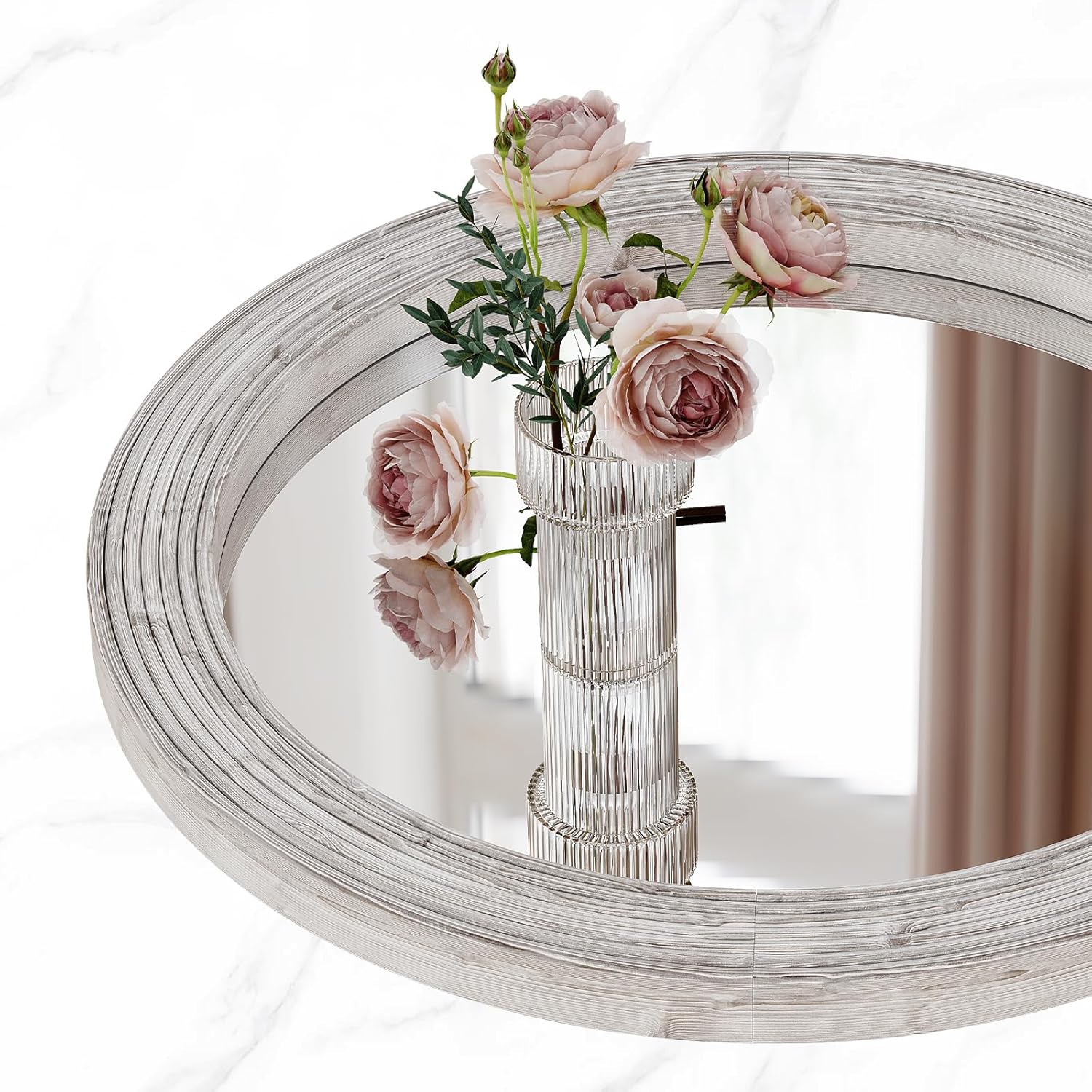 ULIKE Round Rustic Mirror for Bathroom, Farmhouse Mirror with Wood Frame, 24x24 Inch White Vanity Mirrors for Wall Decor of Bedroom or Living Room