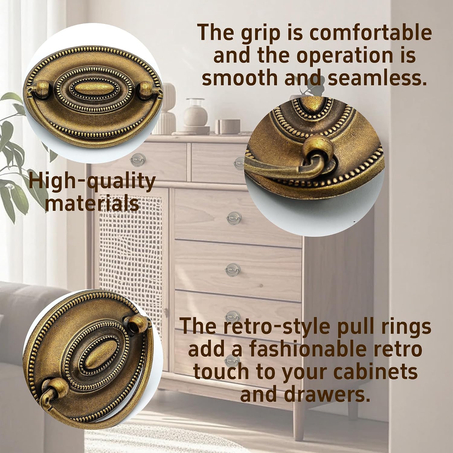 4PCS Antique Brass Ring Pulls, Vintage Drawer Handles for Cabinet, Dresser, Cupboard, Wardrobe, Decorative Drop Handles for Home, Kitchen, Bedroom Furniture Hardware (Bronze)