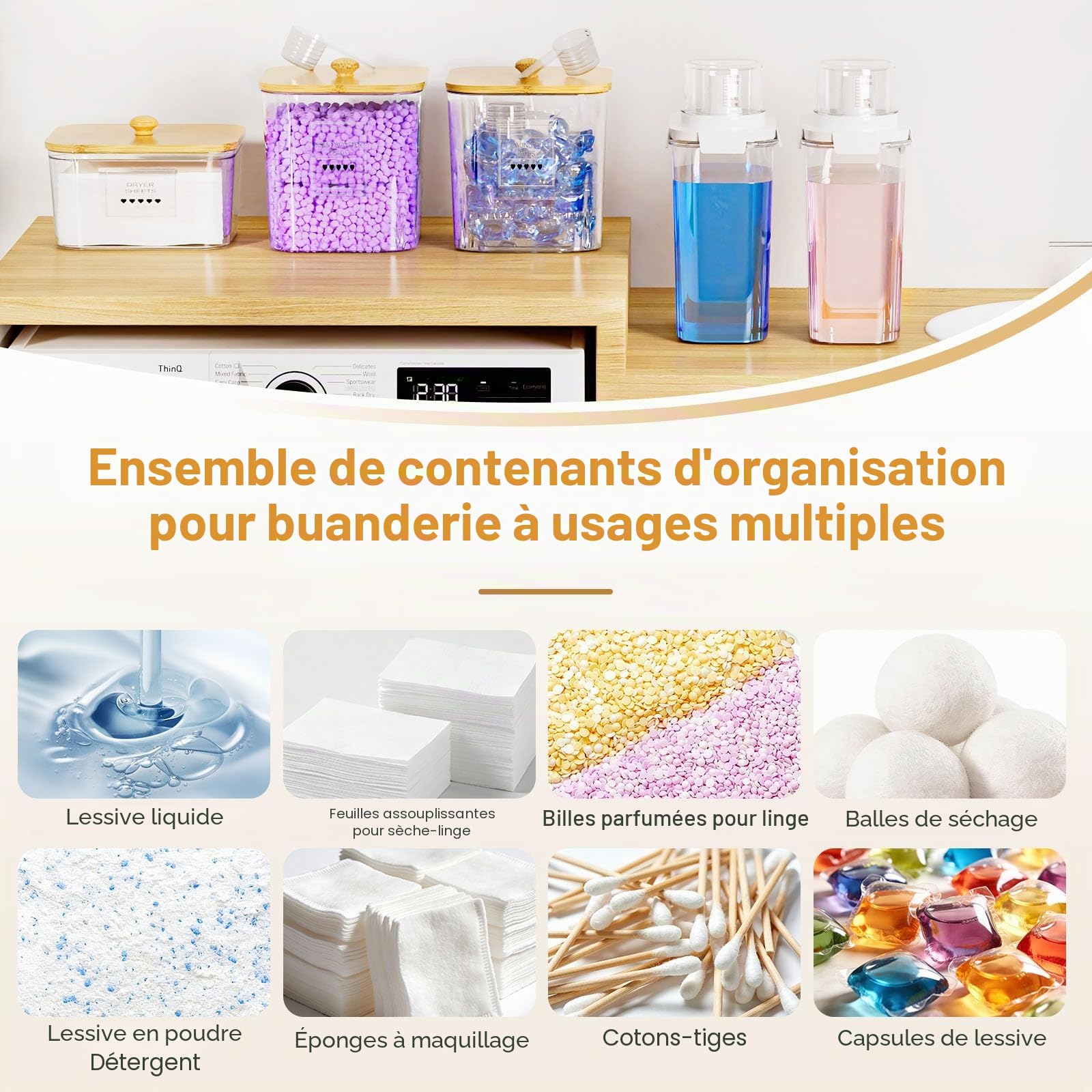 Yorbay Lot de 5 unités de stockage de détergent : distributeur de détergent transparent avec gobelet doseur et étiquettes, récipient avec couvercles en bambou et cuillères pour lessive en poudre