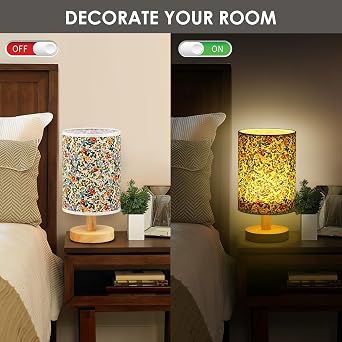 Bedside Table Lamp, Vintage Small Bedside Night Lamp with Linen Fabric Lampshade and Wooden Base, Classic On/Off Switch and Warm Light LED Bulb for Bedroom Living Room Hotel (Style 3) [Energy Class G]