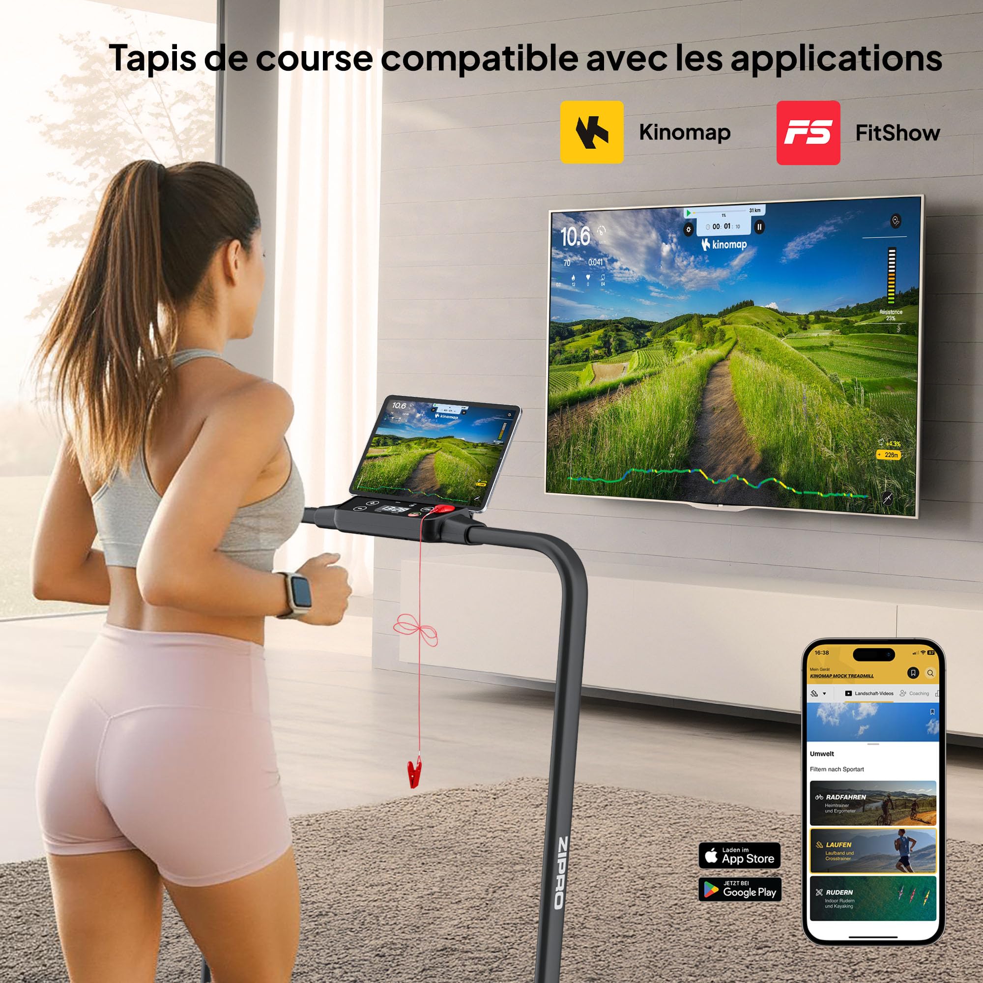ZIPRO Newlite Tapis de Course Pliable, Walking Pad, Deux Modes d’Entraînement, Design Compact FlatFold, Vitesse 1-10 km/h, Capacité jusqu'à 110 kg, Amorti Easy Walk, Moteur Silencieux, Écran LED