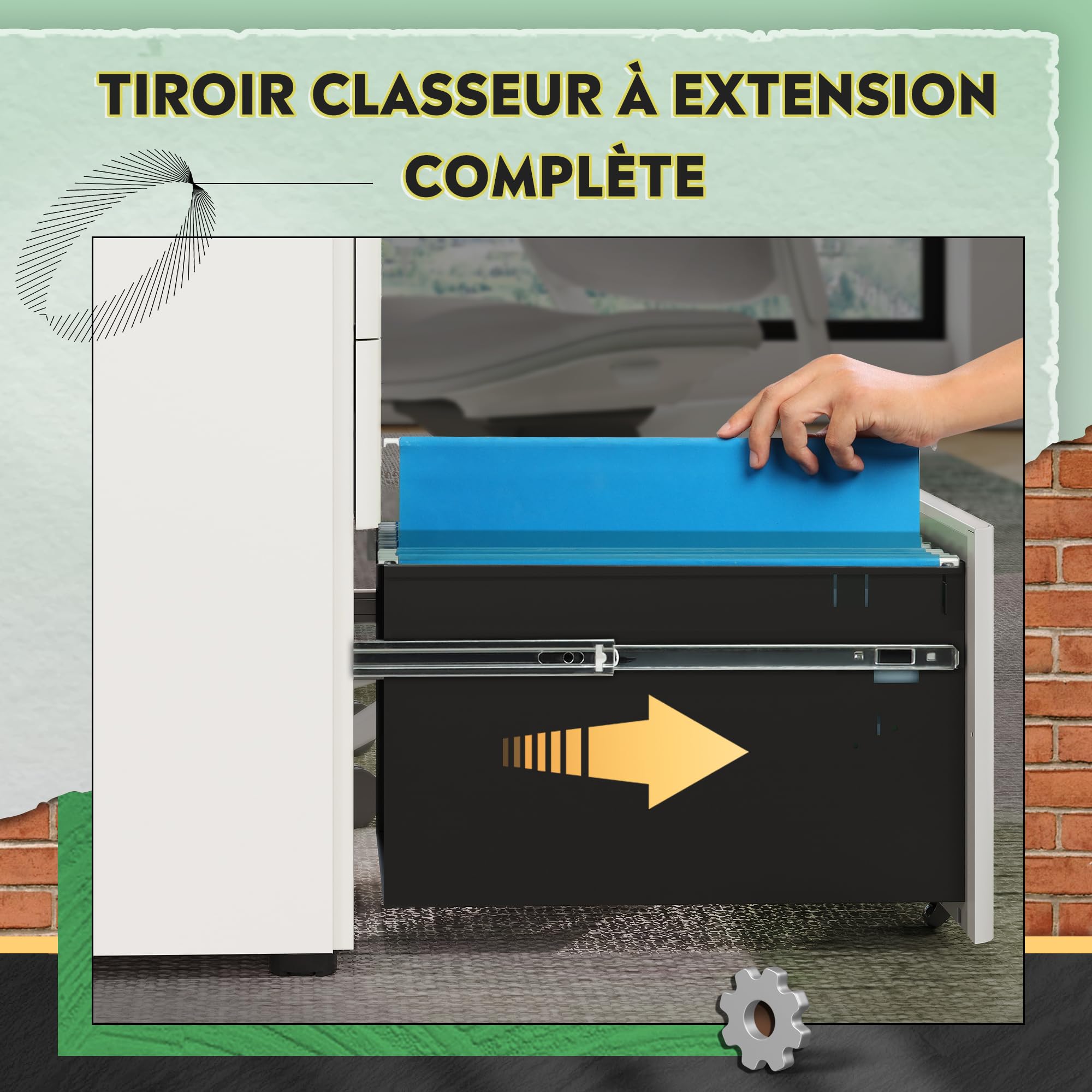 DEVAISE Caisson de Bureau avec 3 Tiroirs, Meuble Rangement Bureau Tout-en-Un, Support Imprimante et Caisson à roulettes, Blanc