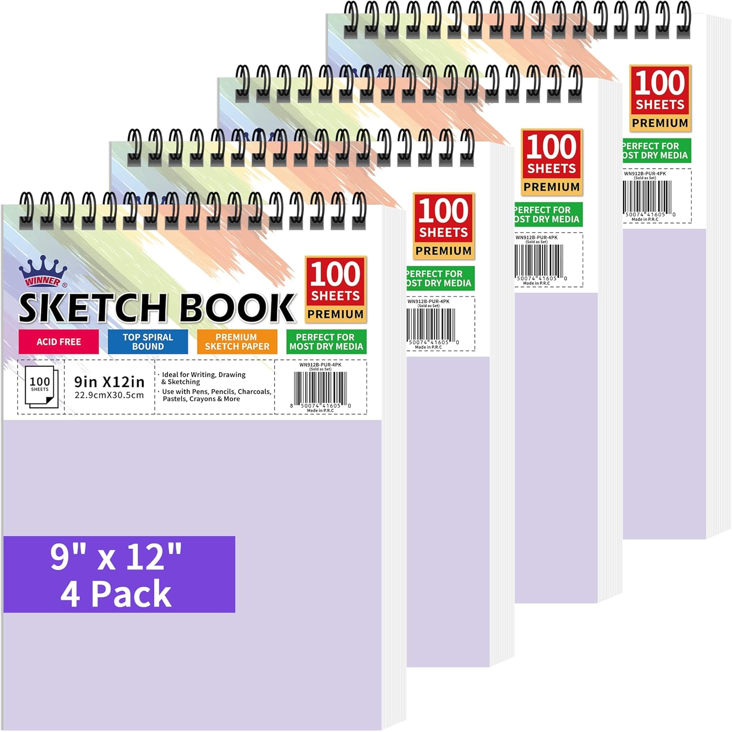 WINNER 9" x 12" Sketch Book 4 Pack, 400 Sheets Spiral Bound Art Sketchbook, 68lb/100gsm White Acid Free Drawing Pad, Sketching Drawing Writing Sketch Pad for Kids, Adults, Art Supplies for School