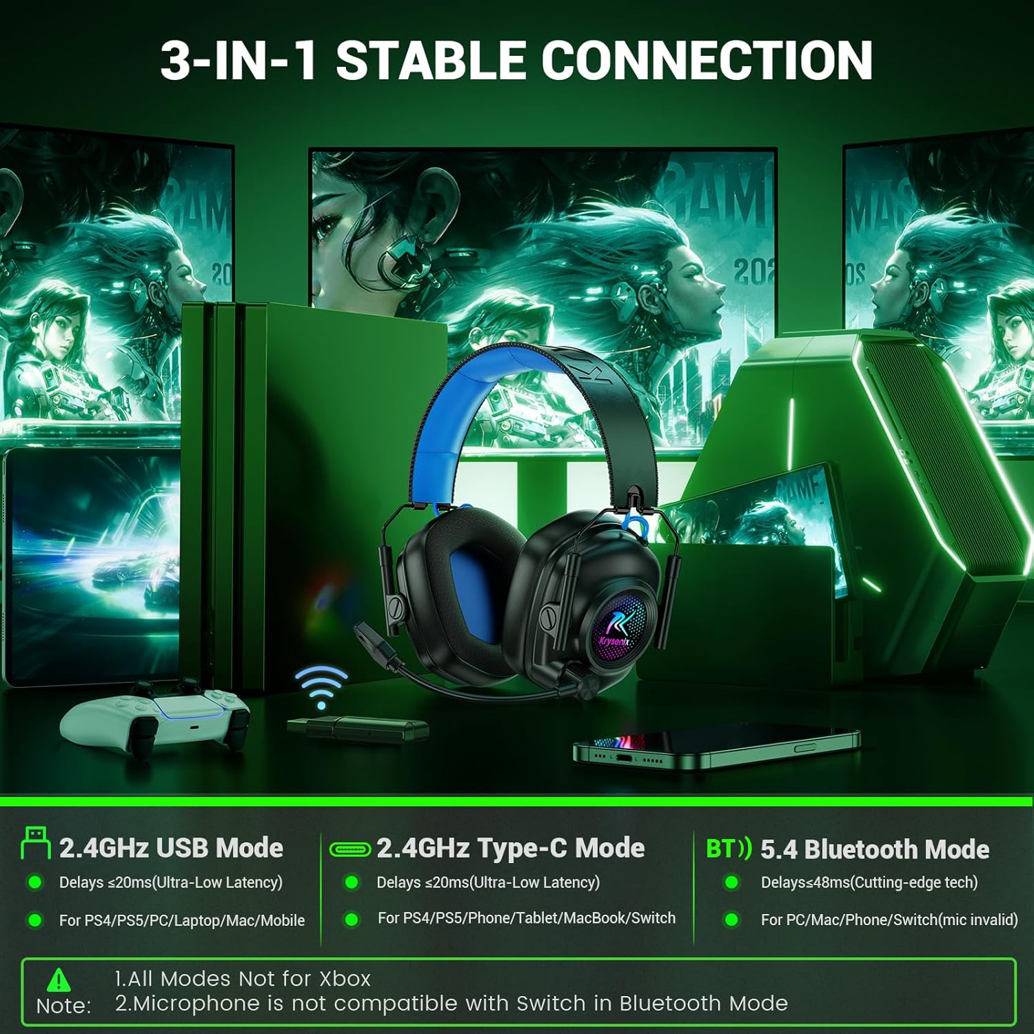 Wireless Gaming Headset with Noise Canceling Microphone for PC, PS5, PS4, Switch, Mac, 2.4 GHz Wireless & Bluetooth 5.4 Gaming Headphones, Cool RGB Lighting, 50Hr Battery, 50mm Drivers(Blue) - Image 7