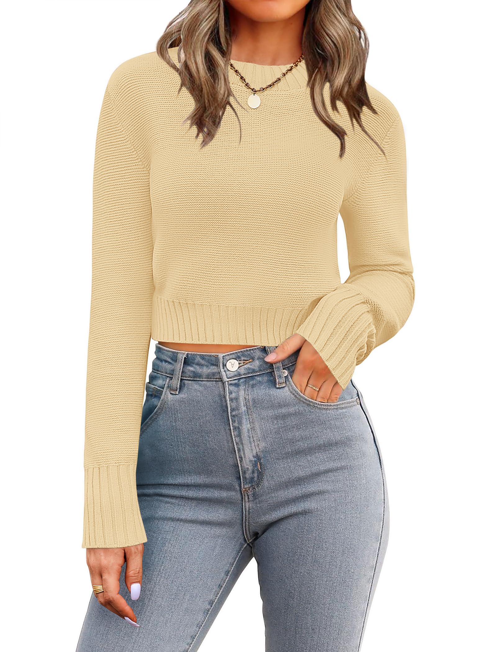 Zeagoo Women's 2026 Fall Crewneck Cropped Sweaters Long Sleeve Knit Tops | Basic Soft Cozy Ribbed Knitted Pullover,Trendy Winter Fashion Layer Cute Clothing,Going Out Business Casual Dressy Outfit