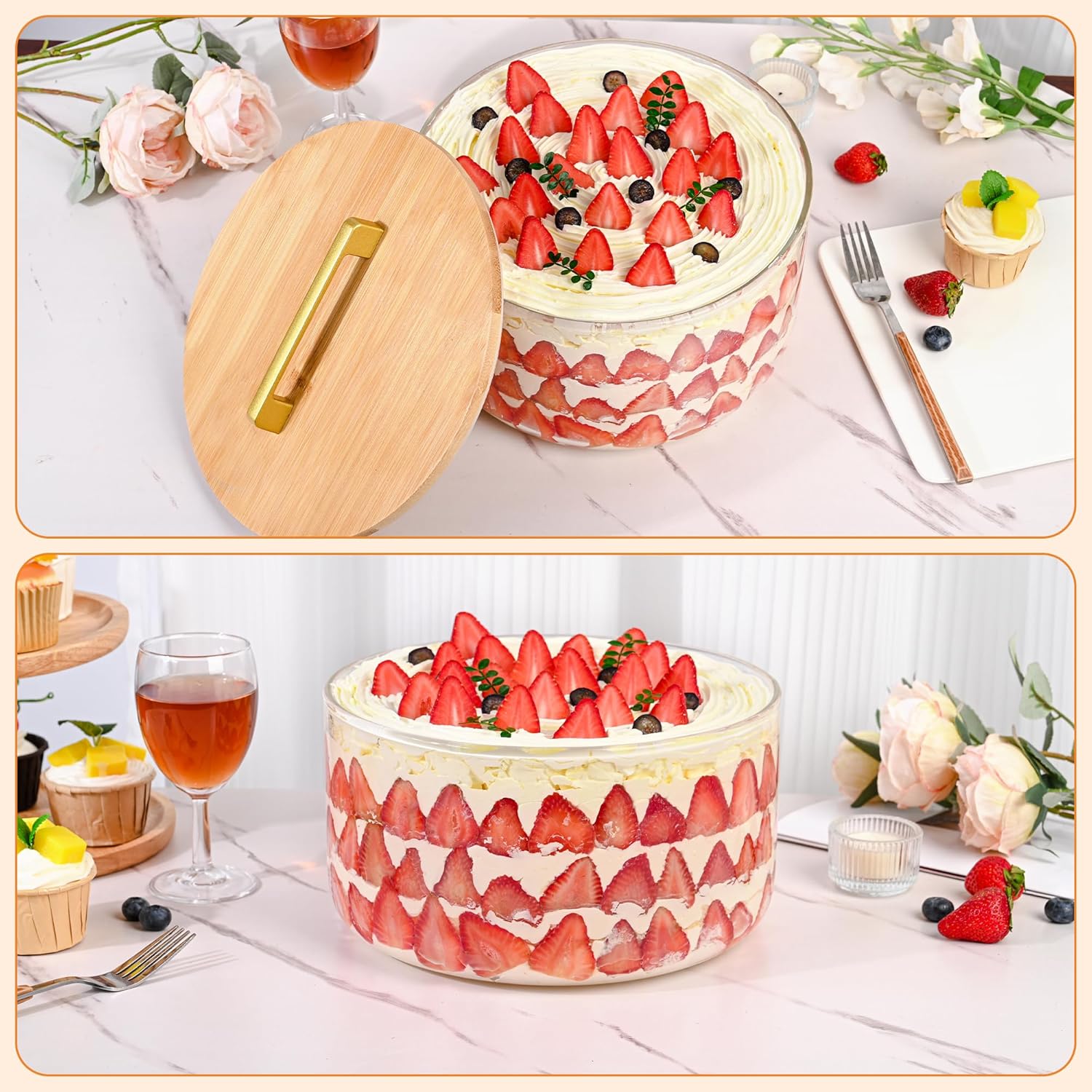 195oz Large Trifle Bowl Glass, 9.8" Large Salad Bowl with Lid, Clear Glass Salad Serving Bowl for Laying Ice Cream Cakes, Cupcake, Fruit, Microwave & Dishwasher Safe, Kitchen Must-Have