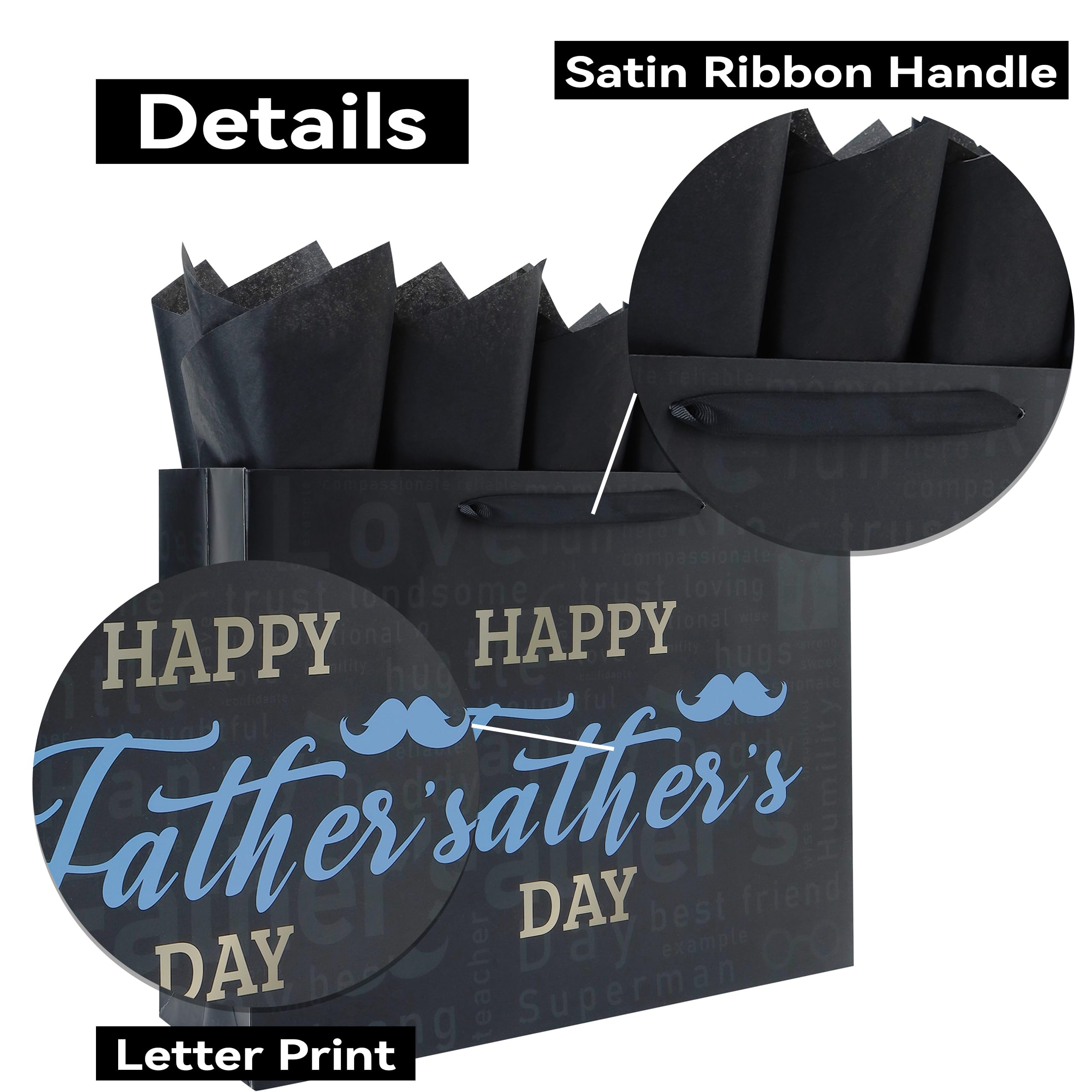 Qirrmiy 16.5'' Extra Large Father's Day Bag Gift Bag Set with Handles, Greeting Card, Black Tissue Papers and Stickers for Men for Best Dad Ever, Dad Day, Father's Day Design, 1 Pcs