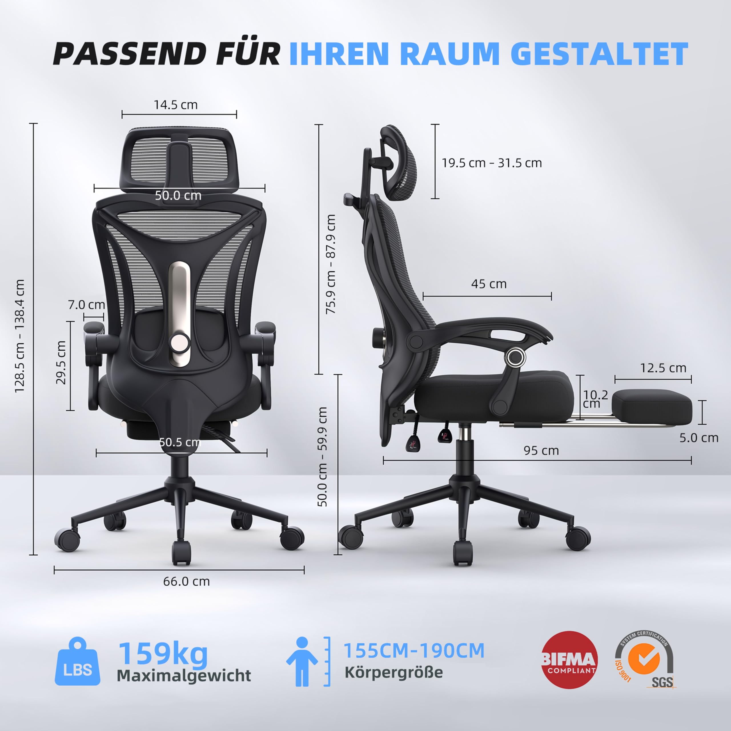 CYKOV Ergonomisches Bürosessel mit Fußstütze 150 kg+ - Dettaglio