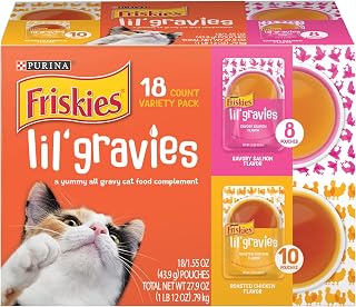 Friskies Lil' Gravies Variety Pack Cat Treats - Chicken, Salmon, Turkey, Roast Beef Flavors, 18 x 1.55oz Lickable Pouches