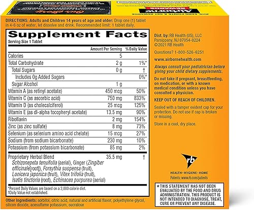Miniatura 7 de Airborne 750 mg de vitamina C con tabletas efervescentes de zinc, suplemento de apoyo inmunológico con potentes antioxidantes, vitaminas A, C, D3 y