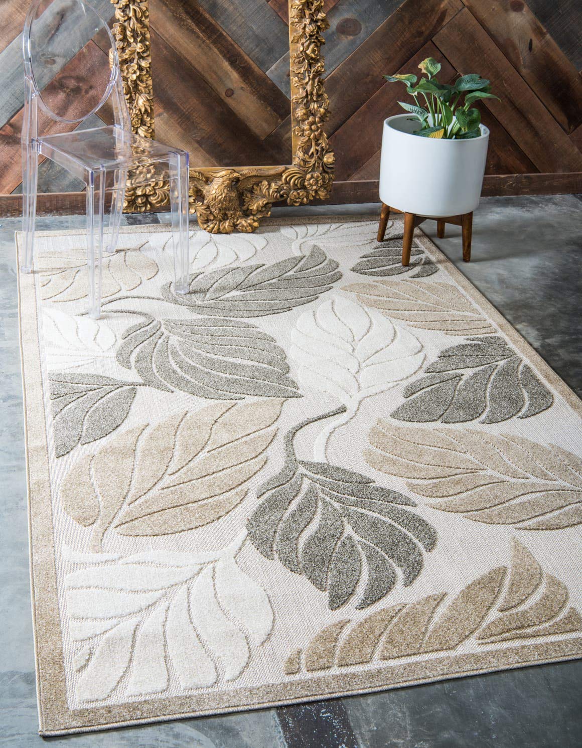 Unique Loom Outdoor Botanical Collection Area Rug - Augusta (9' x 12' 2" Rectangle, Beige/ Ivory)