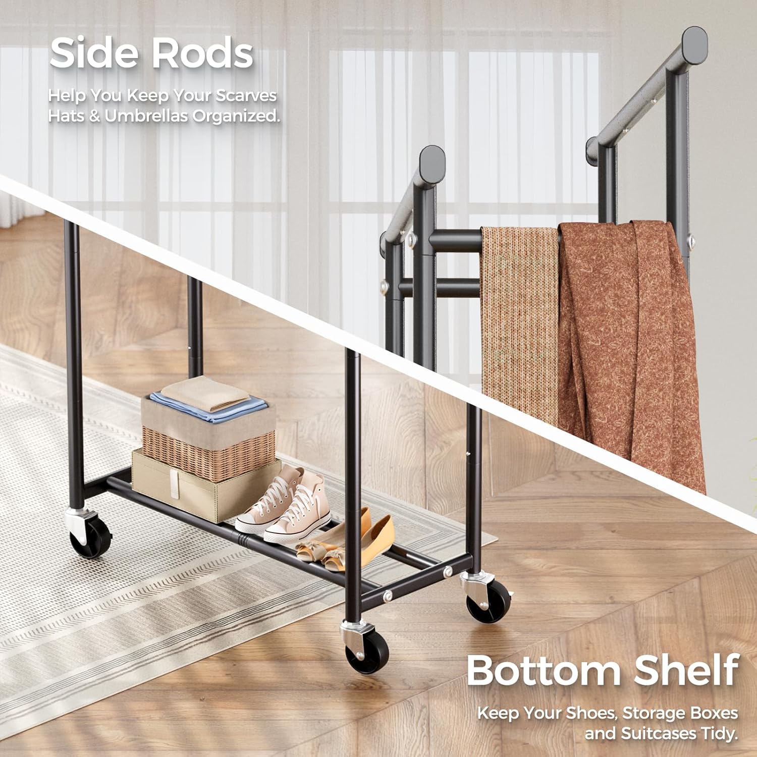 Clothes Rack, Double Rods Rolling Clothing Rack for Hanging Clothes, Portable Garment Rack with Wheels, Coat Rack Wardrobe Closet Load 240 LBS for Bedroom Laundry Room, Black