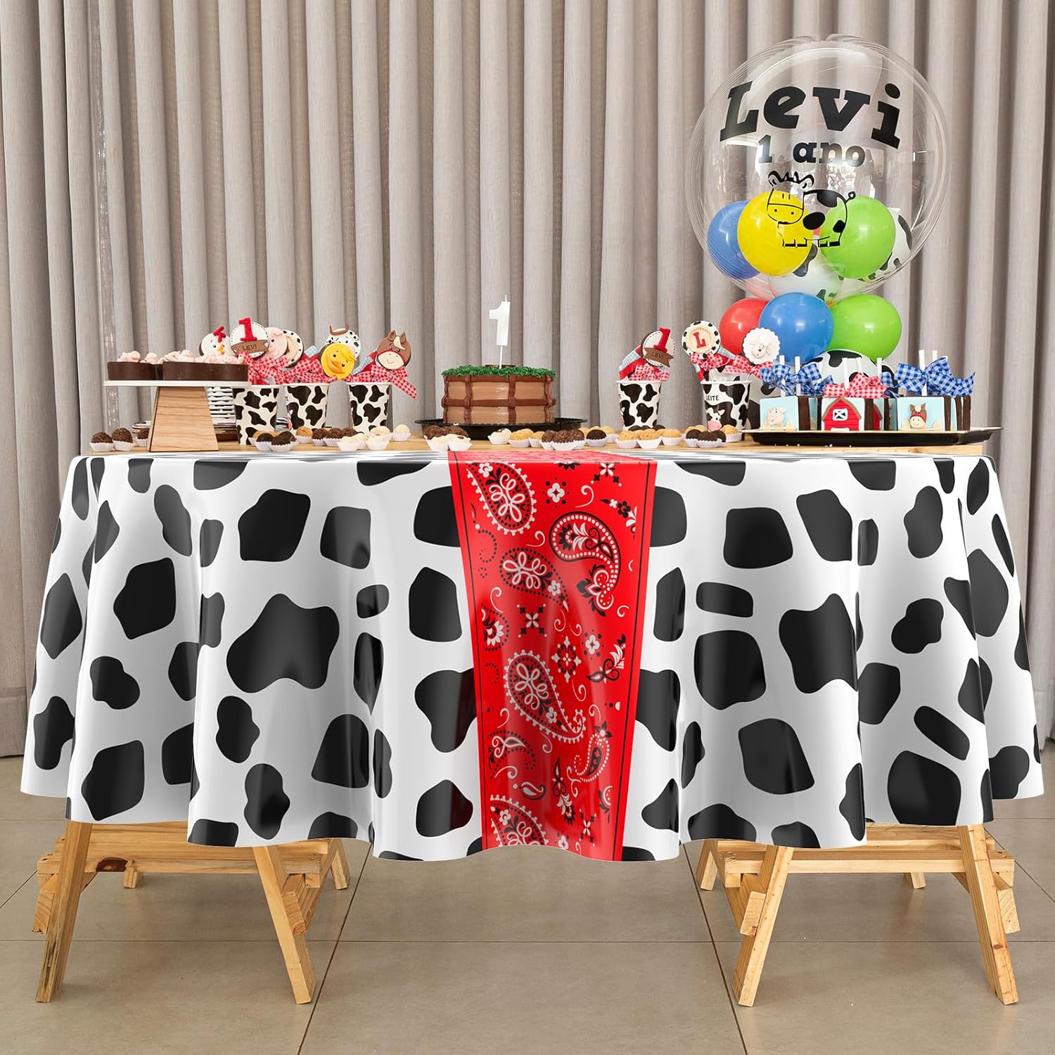 Oudain 12 Pack Western Tablecloths - Paisley Cow Print Round Tablecloths, 84 Inch Bandana Cow Print, Plastic Western Decorations for Cowboy Themed Birthday Party Supplies