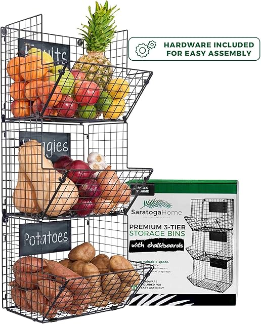 Wall Fruit Baskets For Kitchen By Saratoga Home - Fruit Basket Wall Mount, Hanging Vegetable Baskets For Kitchen Or Pantry Floor Storage Produce Basket, Onion and Potato Storage Stackable Wire Baskets