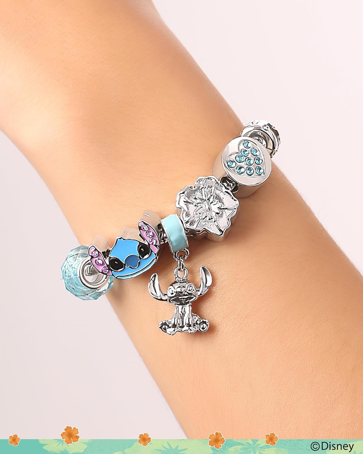 SALLY ROSE Charm Bracelets for Women, 7" Charm Bracelet with 6 Charms Featuring Stitch, Mickey and Minnie Mouse, Official License