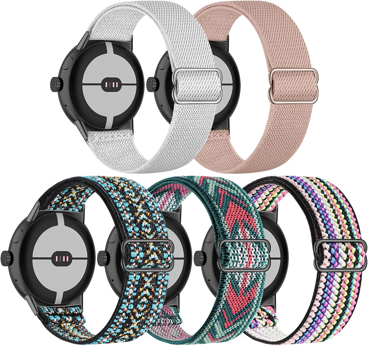 5 Pack Stretchy Nylon Compatible with Google Pixel Watch 4 3 41mm Band/Google Pixel 2/Google Pixel Watch Band for Women Men, Elastic Adjustable Straps Soft Sport Wristbands