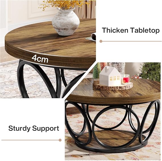 Tribesigns Round Coffee Table,80cm Round Wood Center Table, Farmhouse Large Circle Coffee Tables with 2-Tier Storage, Modern Simple Tea Table (Brown)