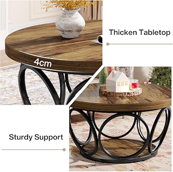 Tribesigns Round Coffee Table,80cm Round Wood Center Table, Farmhouse Large Circle Coffee Tables with 2-Tier Storage, Modern Simple Tea Table (Brown)