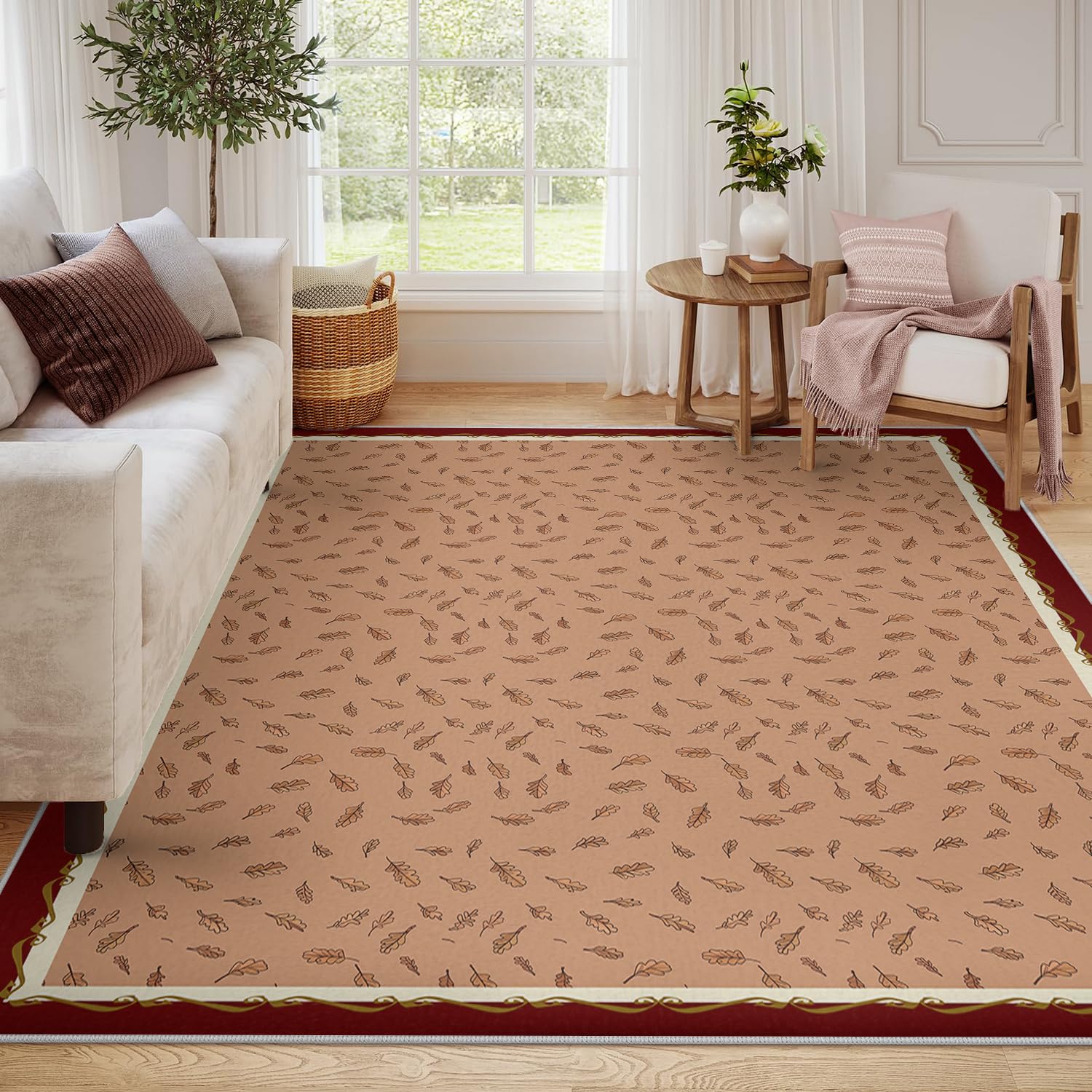 Tapis salon lavable 180x240cm marron à motif feuilles d'automne