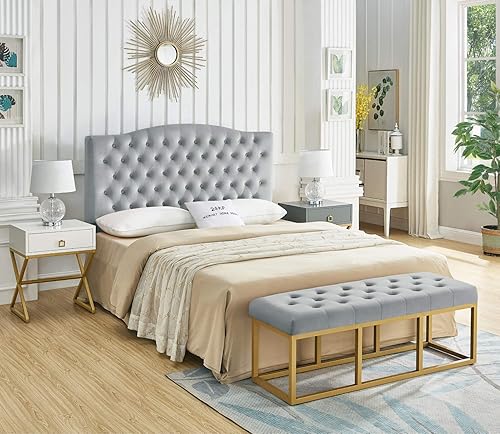 Miniatura 6 de 24KF Banco largo tapizado con patas de metal dorado, banco de terciopelo gris con asiento acolchado, gris