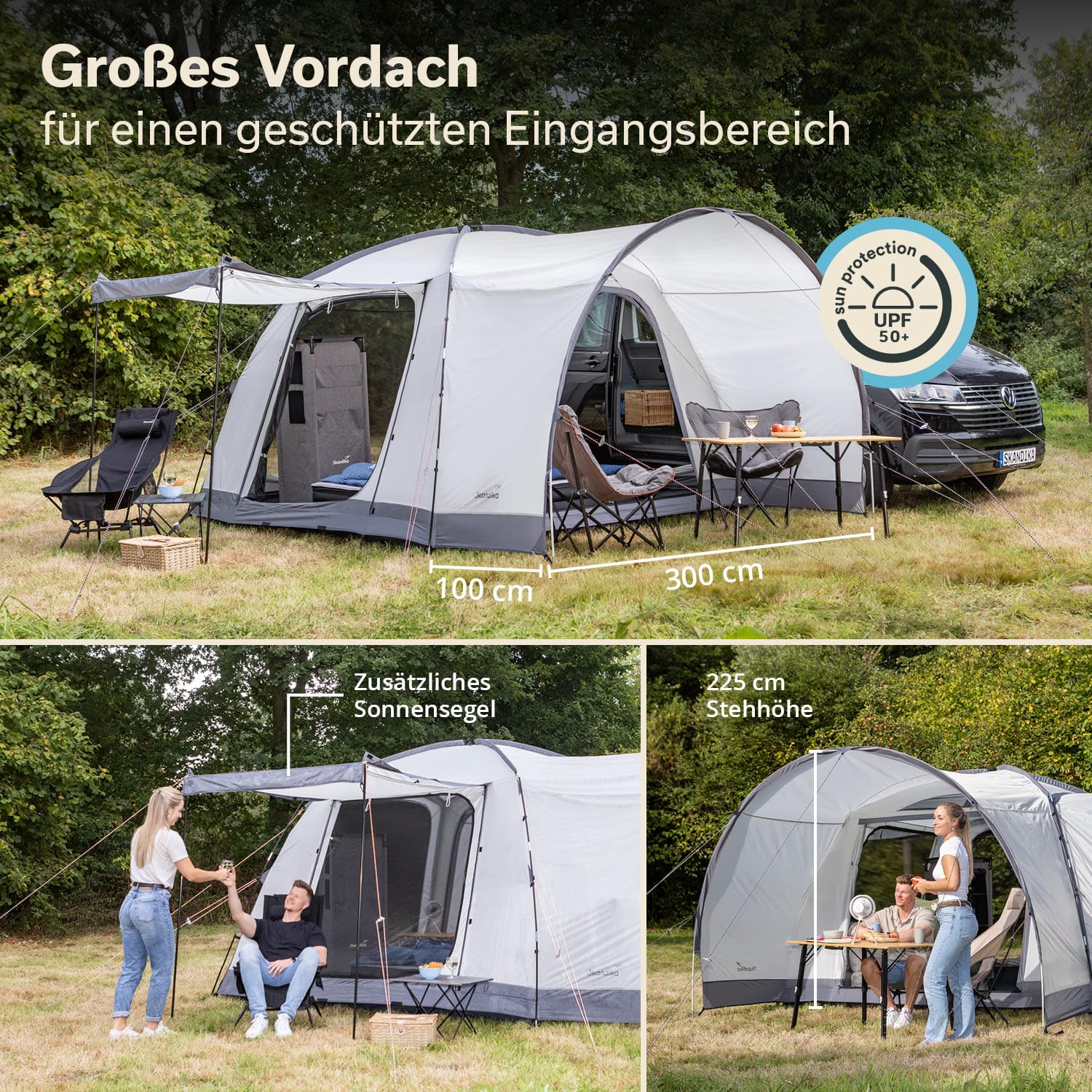 Skandika Kuppelzelt Pitea 4 Flex Protect Bundle mit Van-Schleuse | Campingzelt für 4 Personen, mit Schleuse für Van, eingenähter Zeltboden, Wassersäule 5000 mm, UPF 50+ | Zelt, Camping, Outdoor