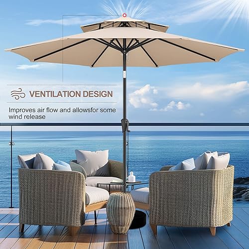 Miniatura 6 de FLAME&SHADE Sombrilla de patio de 9 pies, sombrilla para exteriores de 2 niveles con botón de inclinación y manivela para protección UV, sombrilla