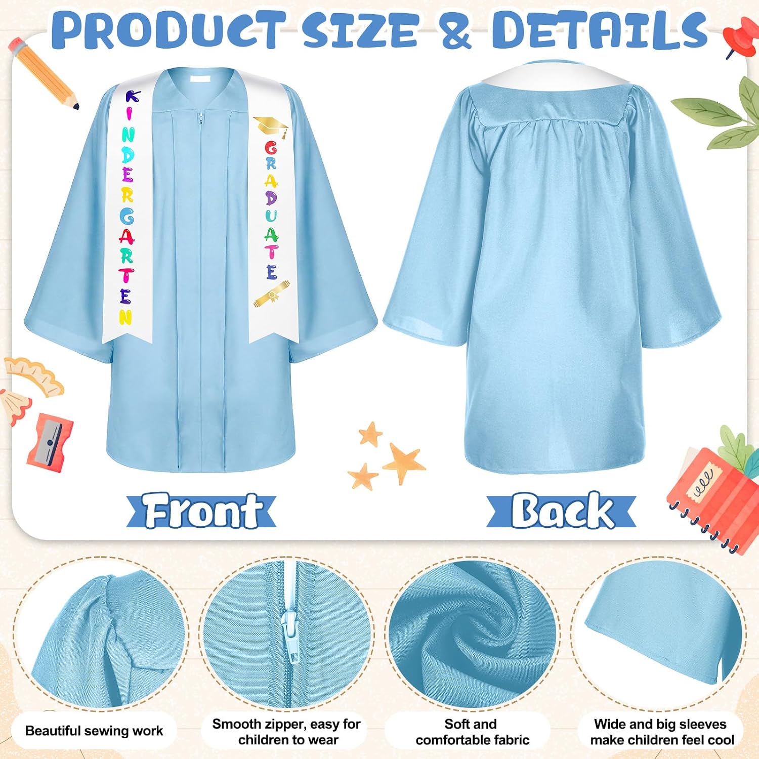 Lasnten Matte Kindergarten Graduation Gown Cap Tassel Set with 2026/2027 Charm Stole Accessories for Kids Grad Gift