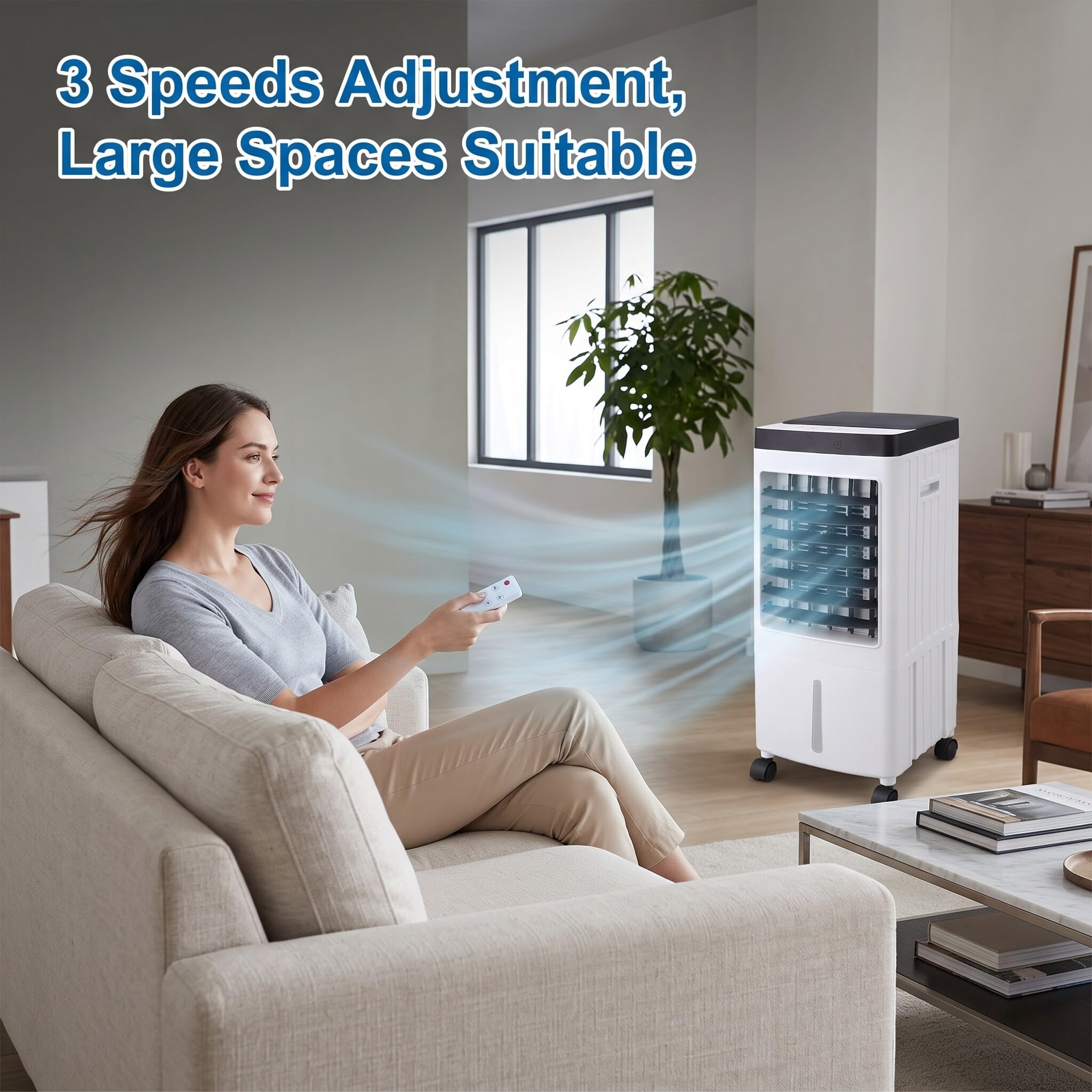 Luocute Verdunstungsluftkühler, Tragbarer 3-IN-1-Lüfter mit Fernbedienung und 3 Geschwindigkeiten, für Home-Office-Schlafzimmer (EU-Stecker 220 V)