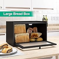 Vista 2 de Panera grande para encimera de cocina, contenedor de almacenamiento de pan de bambú negro con puerta transparente de arcílica ondulada, caja de pan