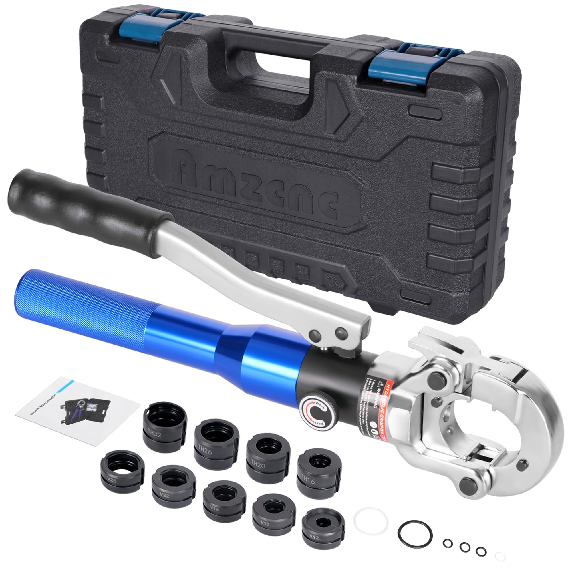 Amzcnc Blue Hydraulic Crimping Pliers Ø12-28Mm Copper Pipe Crimper Plumbing Crimping Tool For Copper Pipe Press With 5Pcs Copper 12,15,18,22,28Mm And 4Pcs Pex-Al-Pex 16,20,26,32Mm