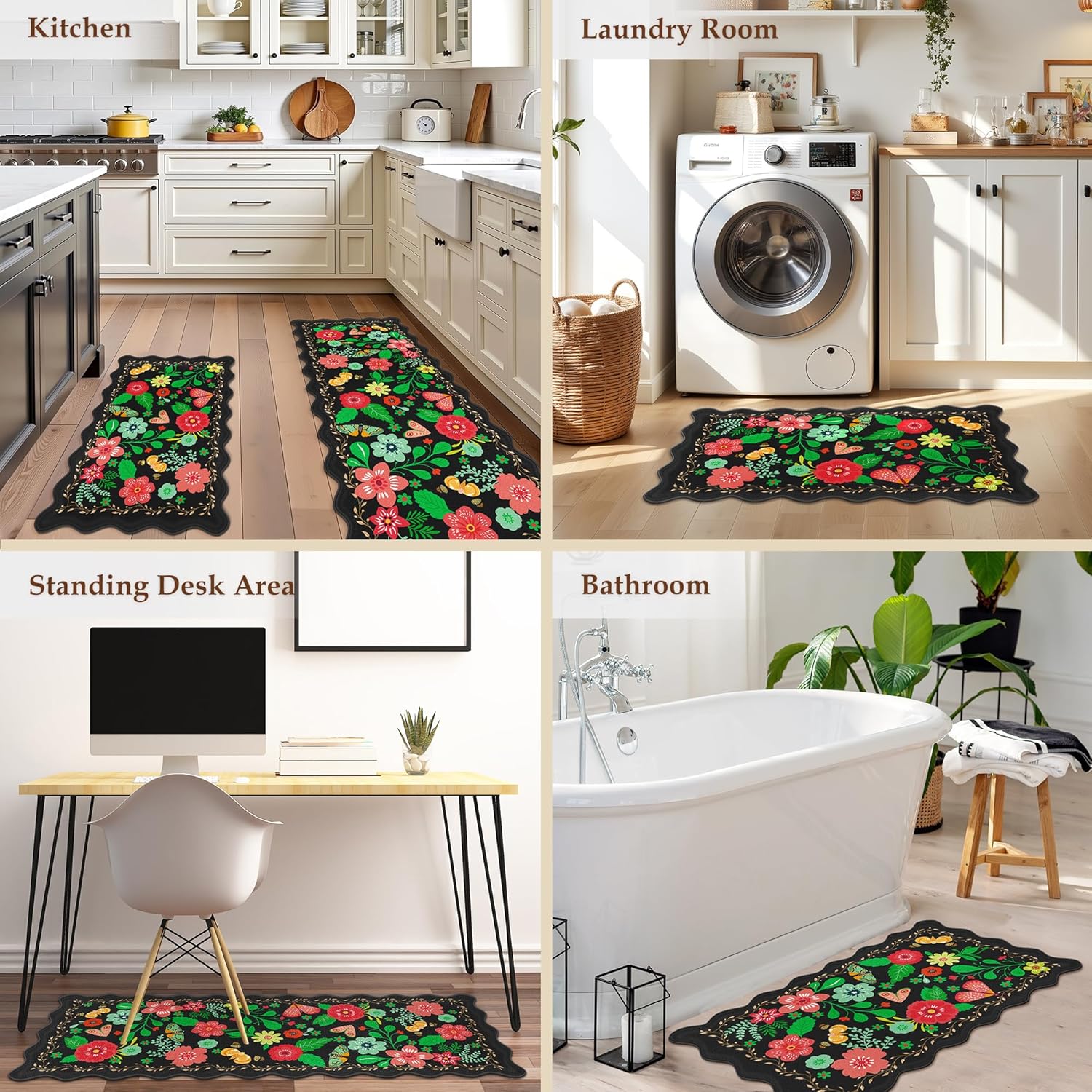 Arenarug Scalloped Black Kitchen Mats for Floor 2PC Cushioned Anti Fatigue Kitchen Mats Rugs Waterproof Non Slip Farmhouse Boho Floral Comfort Foam Standing Mat for Sink Laundry