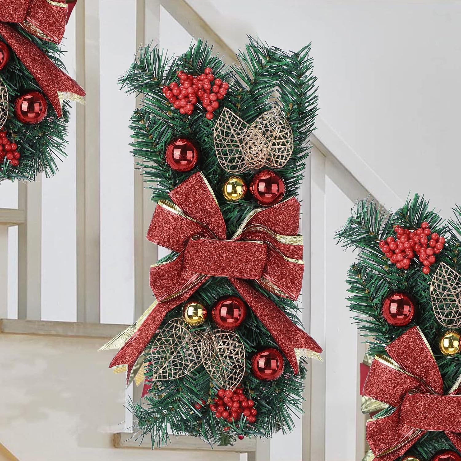 Scceatti Christmas Swag with Lights 18” Teardrop Stair Window Door Swags Garland