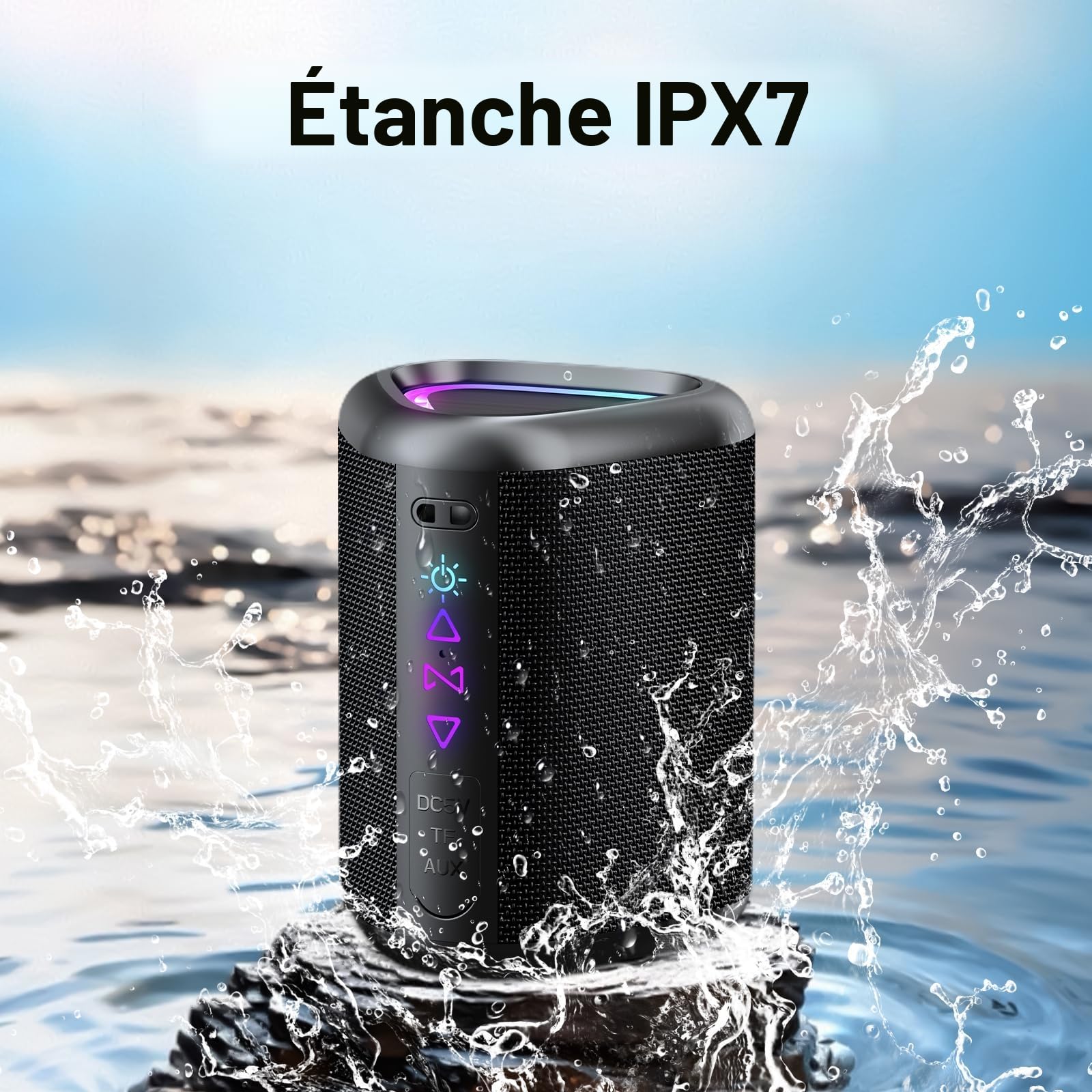 aowoka 2025 Enceinte Bluetooth Portable sans Fil avec Lumière LED, Bluetooth 5.4, 24 hrs, Basses Puissantes, Surround Stéréo, Étanche IPX7, Idéal pour Les Voyages/Sport/Fêtes/Cyclisme, Noir