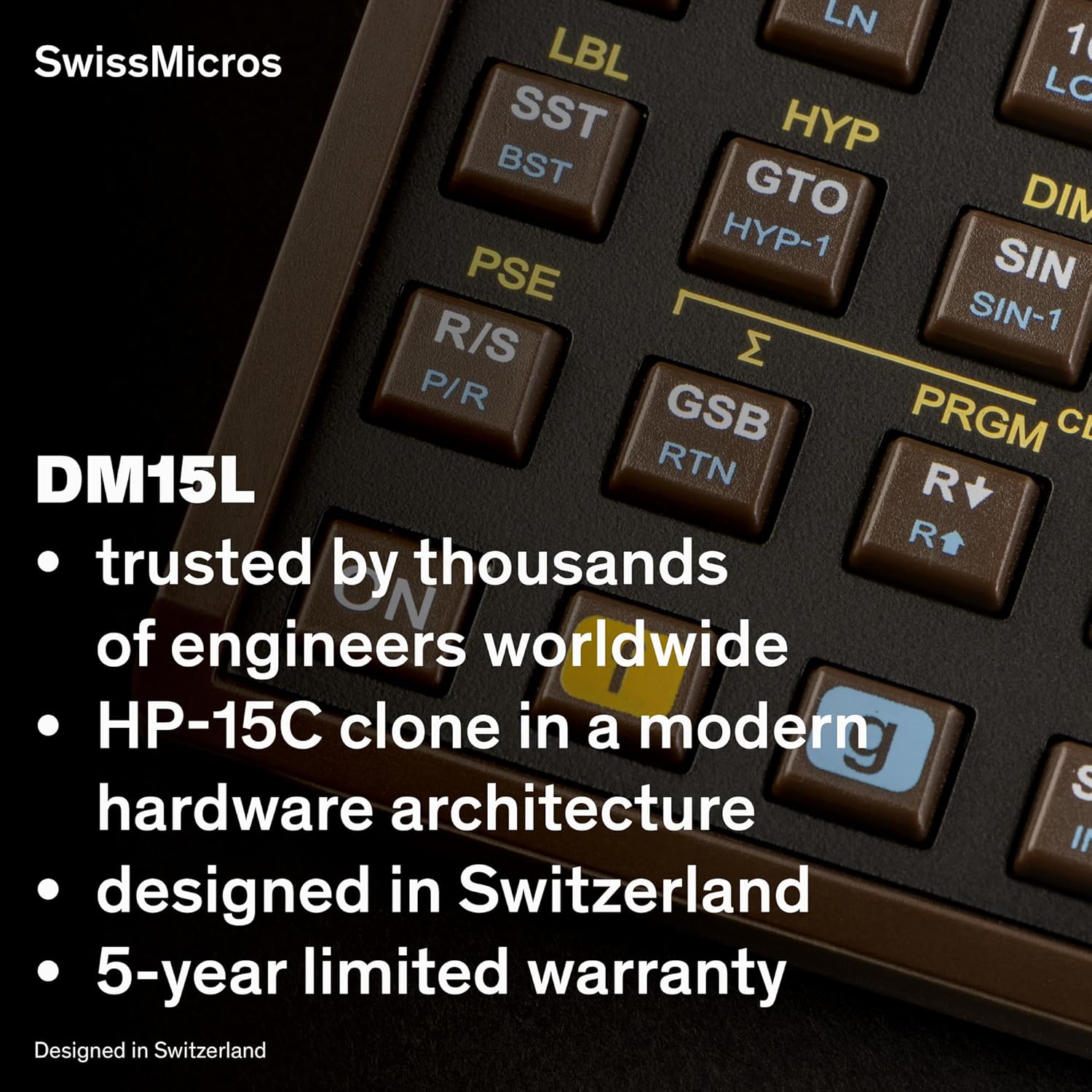 SwissMicros DM15L RPN Calculator – HP 15C Inspired |Titanium Shell | Complex Numbers & Matrix | USB | Root-Solver