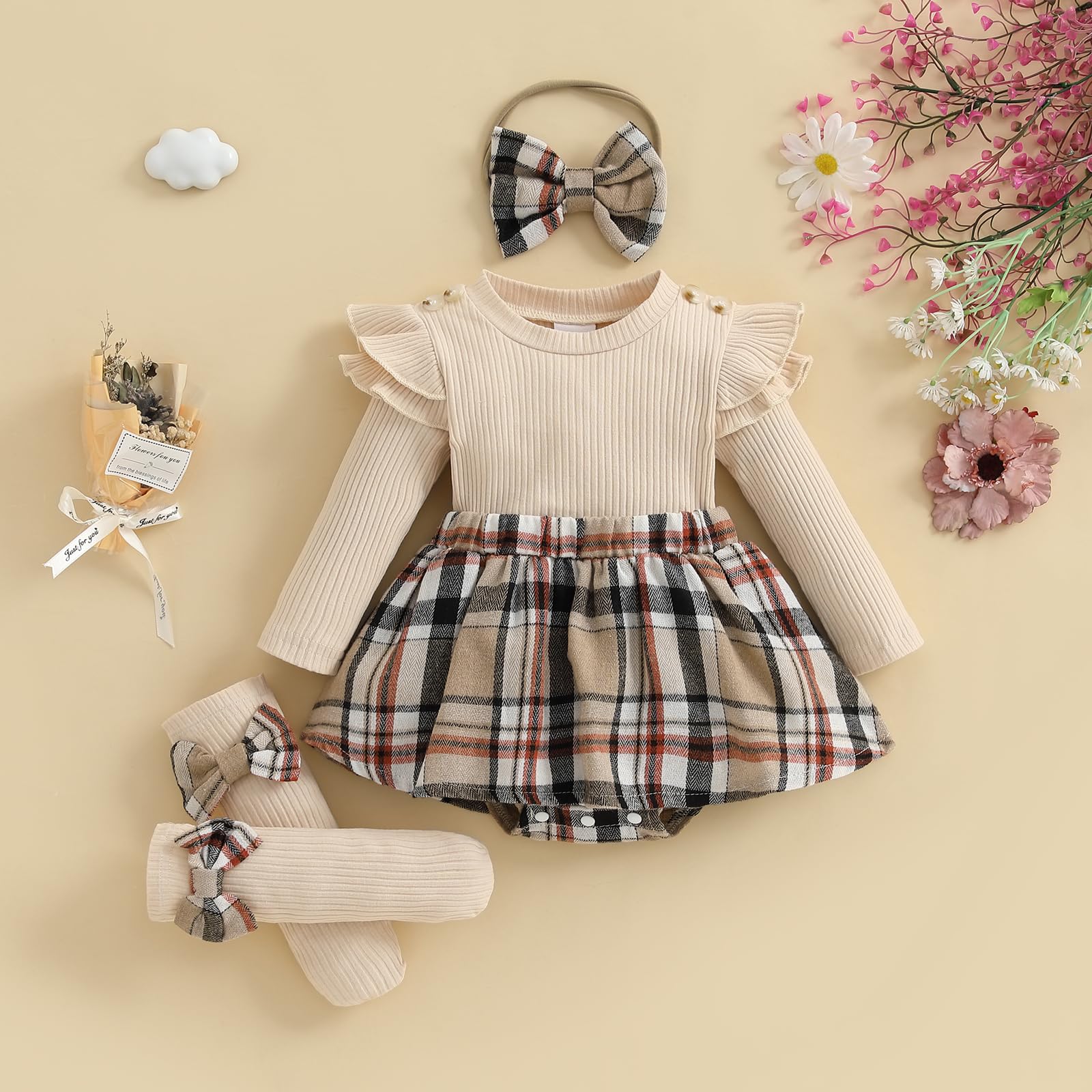 Finegoodwei Baby Girl Fall Outfits Long Sleeve Plaid Print Skirt Bodysuit with Headband Socks Set Infant Clothes (Khaki, 0-3 Months)