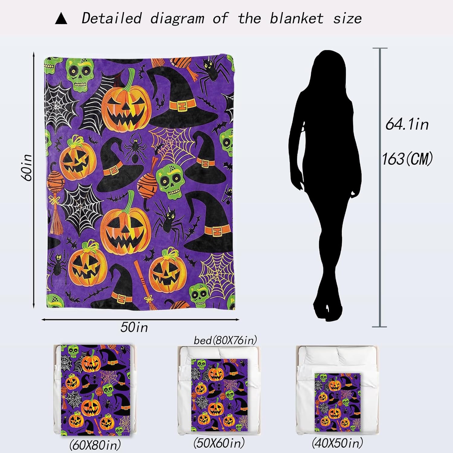 Spooky Witch Hat Flannel Blanket - Fun Pumpkin Skull Gothic Throw,Gifts for Kids Adult, Ultra Soft & Warm,Lightweight, for Couch Bedroom Living Room Halloween Festive Goth Decor 50x60in