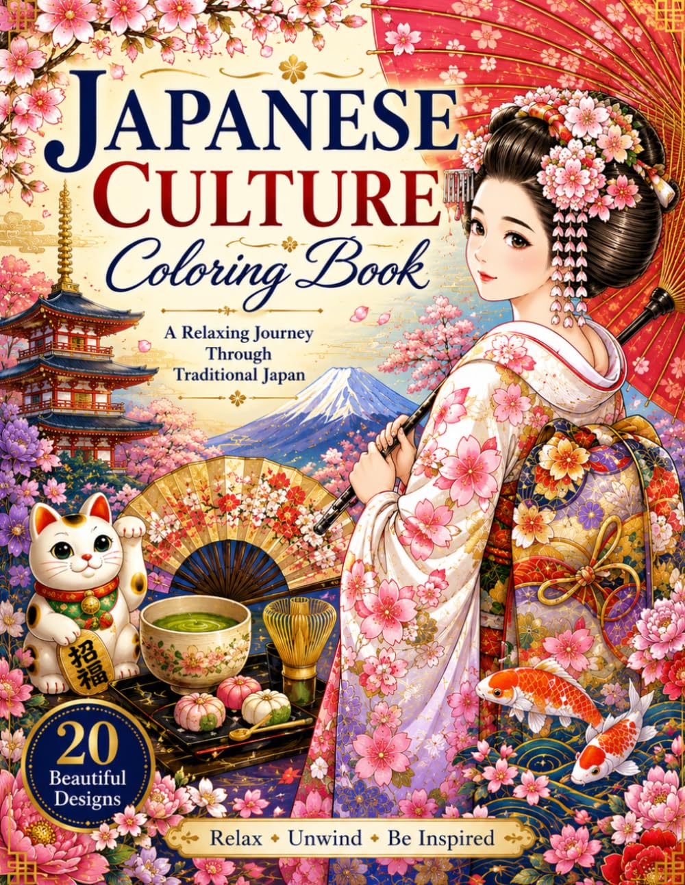 Japanese Culture Coloring Book: 20 Beautiful Designs Inspired by Traditional Japan, Tea Ceremony, Maiko, Kabuki, Temari, Cranes, and More