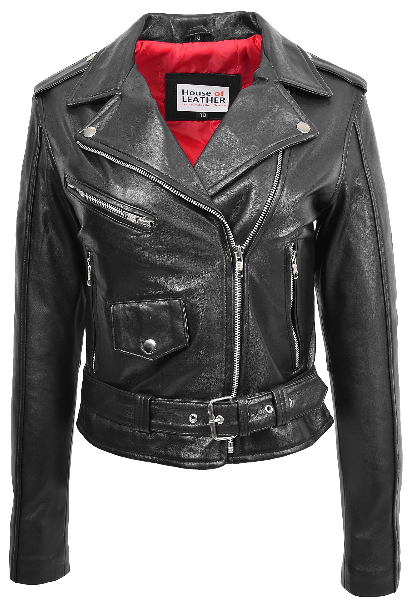 House Of Leather Women's Black Real Leather Biker Jacket Brando Style Kate (20, )