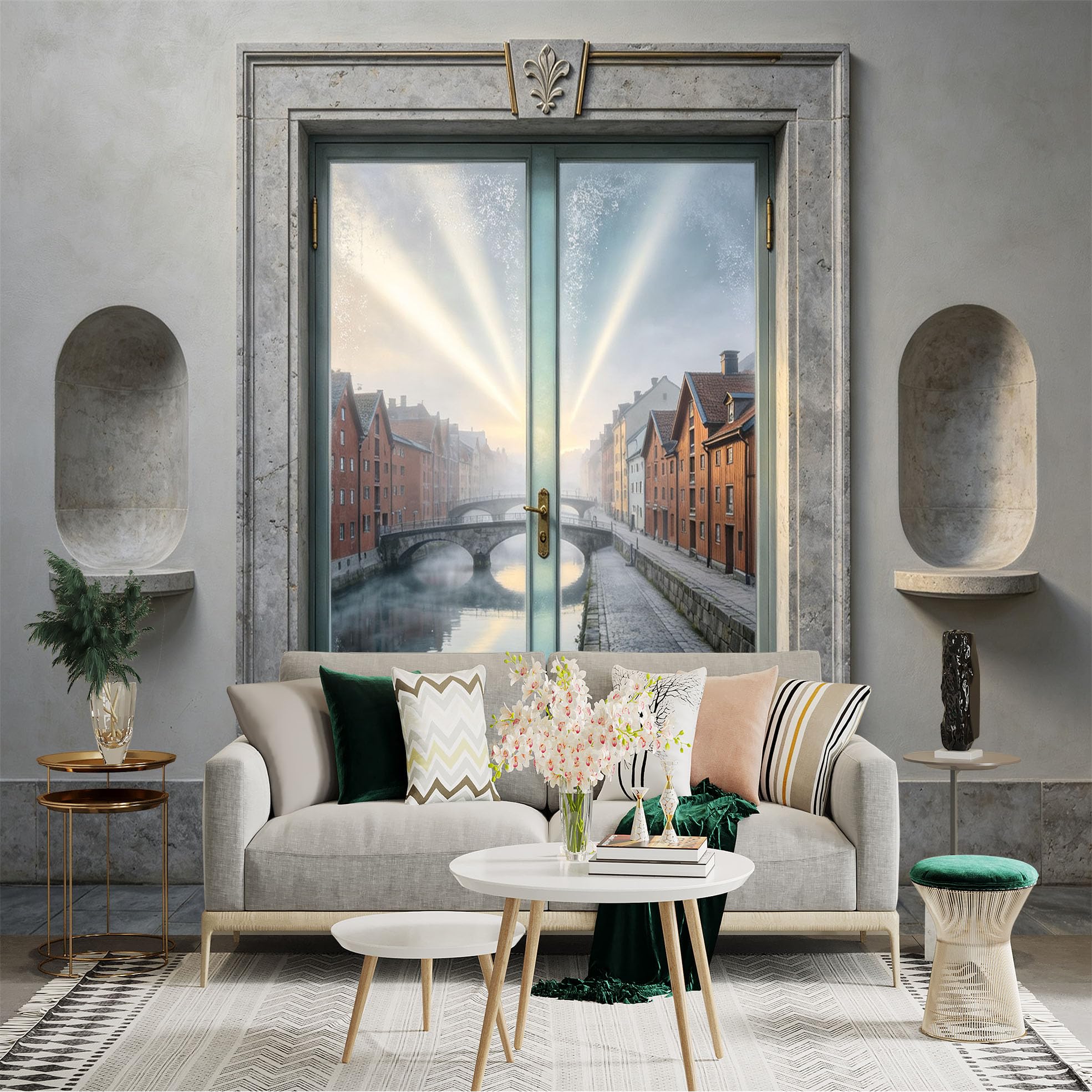 Custom Size Wall Sticker Mural， Misty Canal Bridge and European Street View， for wall Decoration， peelandstick wall Decals.