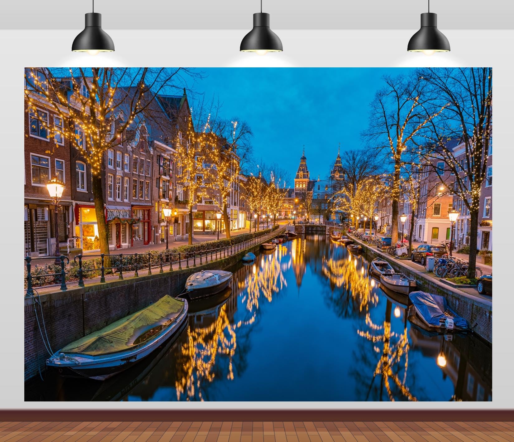 CORFOTO 5x3ft Netherlands Amsterdam Canals Night Scenery Backdrop Winter Christmas Lights Backdrop Europe City Historical Center Photography Backdrop