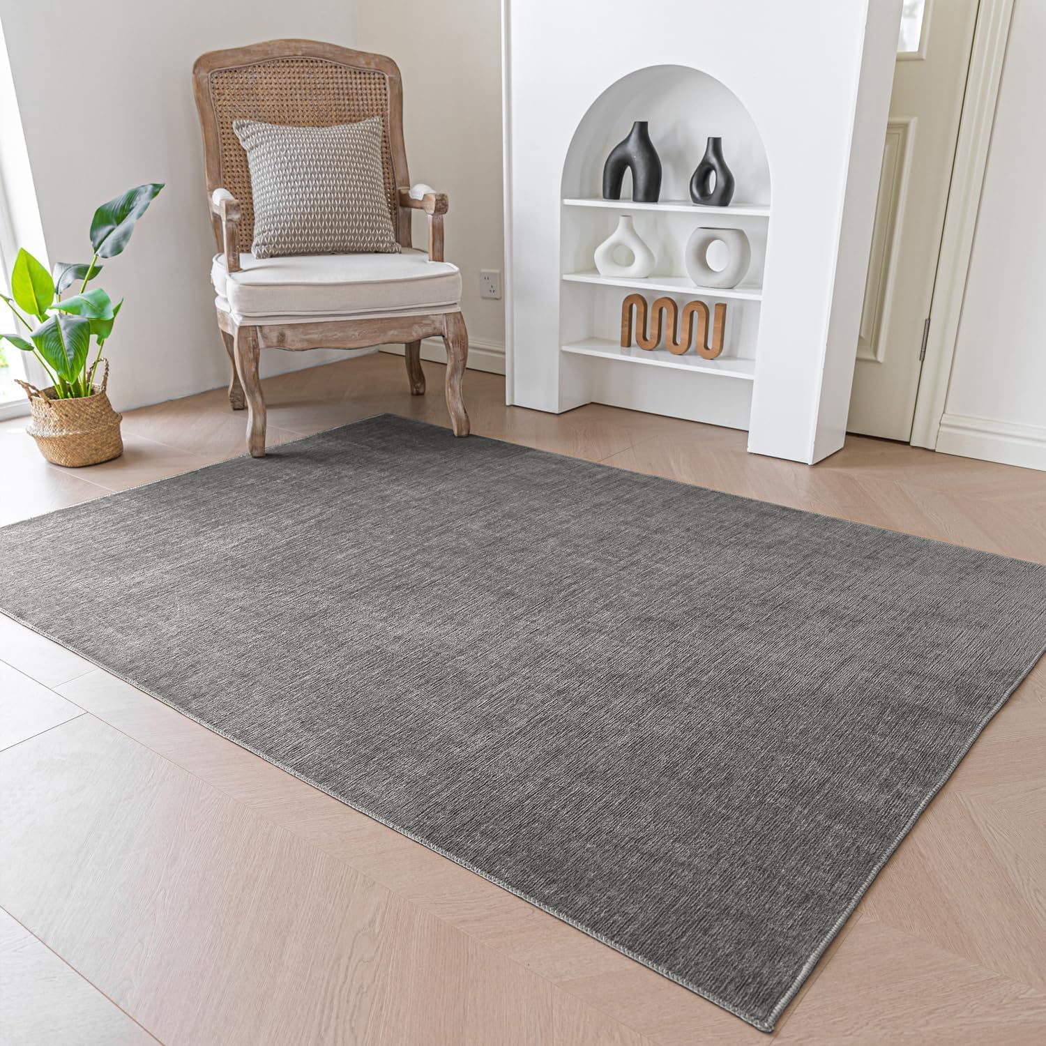 Evitany Short Pile Carpet, Area Rugs Washable Room Rug Anti-Slip Rug Soft Carpets Bedside Rugs for Bedrooms(Dark Grey,60x120 cm)