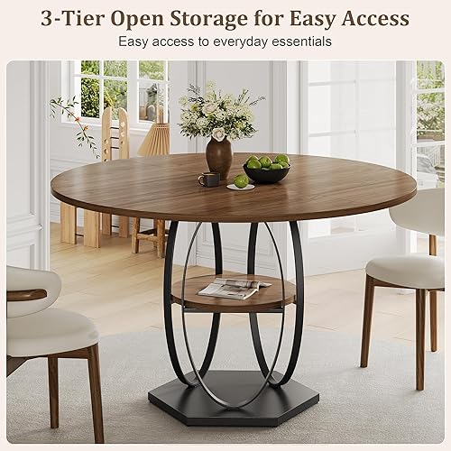 Miniatura 4 de Mesa de comedor redonda de 47 pulgadas para 4-6 personas, mesa de madera moderna con base de pedestal de metal resistente, fácil montaje, mesa de