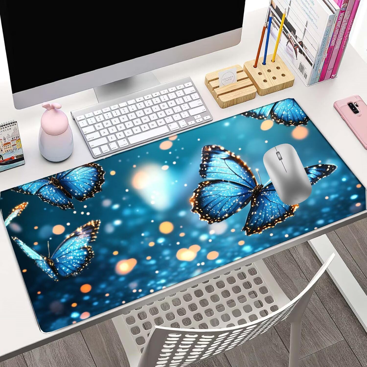 Podkładka pod mysz 900 x 500 x 3 mm sen pod rękę biurko motyl wodoodporna antypoślizgowa, zmywalna gumowa podstawa, ulepszona szybkość i precyzja, podkładka pod mysz do ochrony biura, domu, PC K7-901