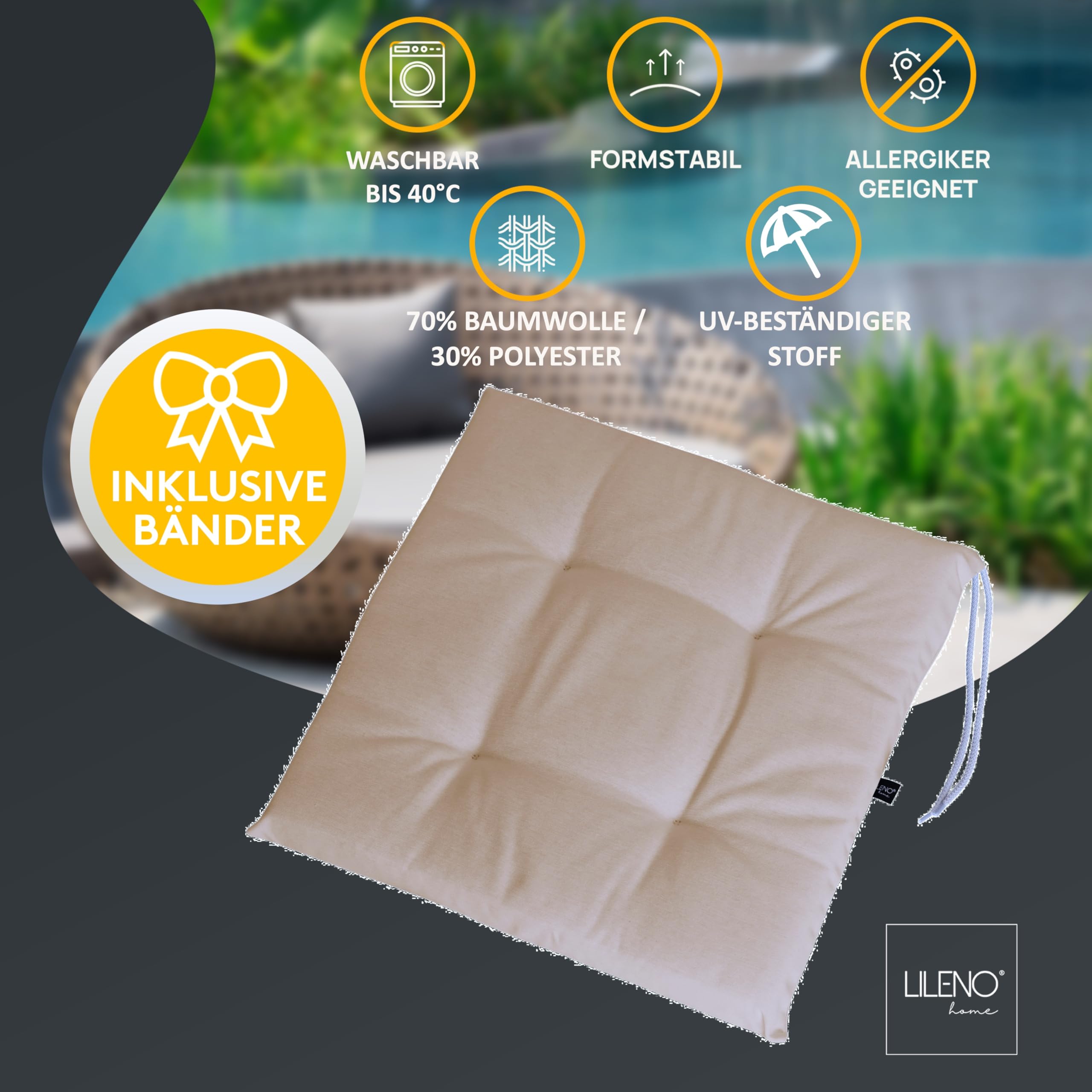 LILENO HOME 6er Set Stuhlkissen Hellbraun (40x40x4,5 cm) - Sitzkissen für