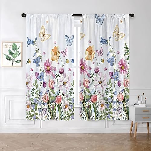 Miniatura 30 de Cortinas de cocina florales azules de 27.5 pulgadas de ancho x 39 pulgadas de largo, 2 paneles con bolsillo para barra, flores silvestres, estilo 03