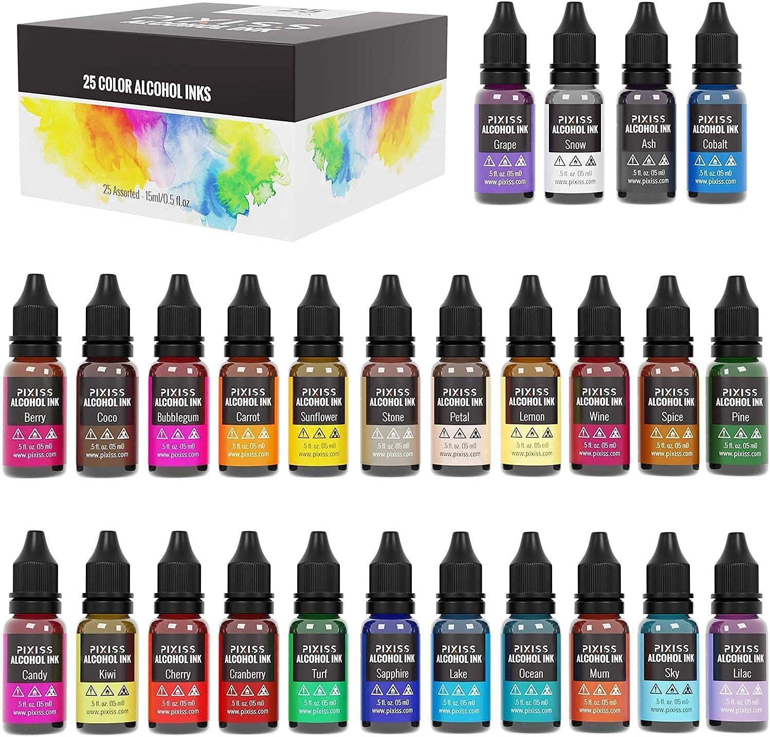 Pixiss Alcohol Ink Set - 25 Large Highly Saturated Colors and Pixiss Epoxy Resin Crystal Clear Casting Resin 17-Ounce Kit