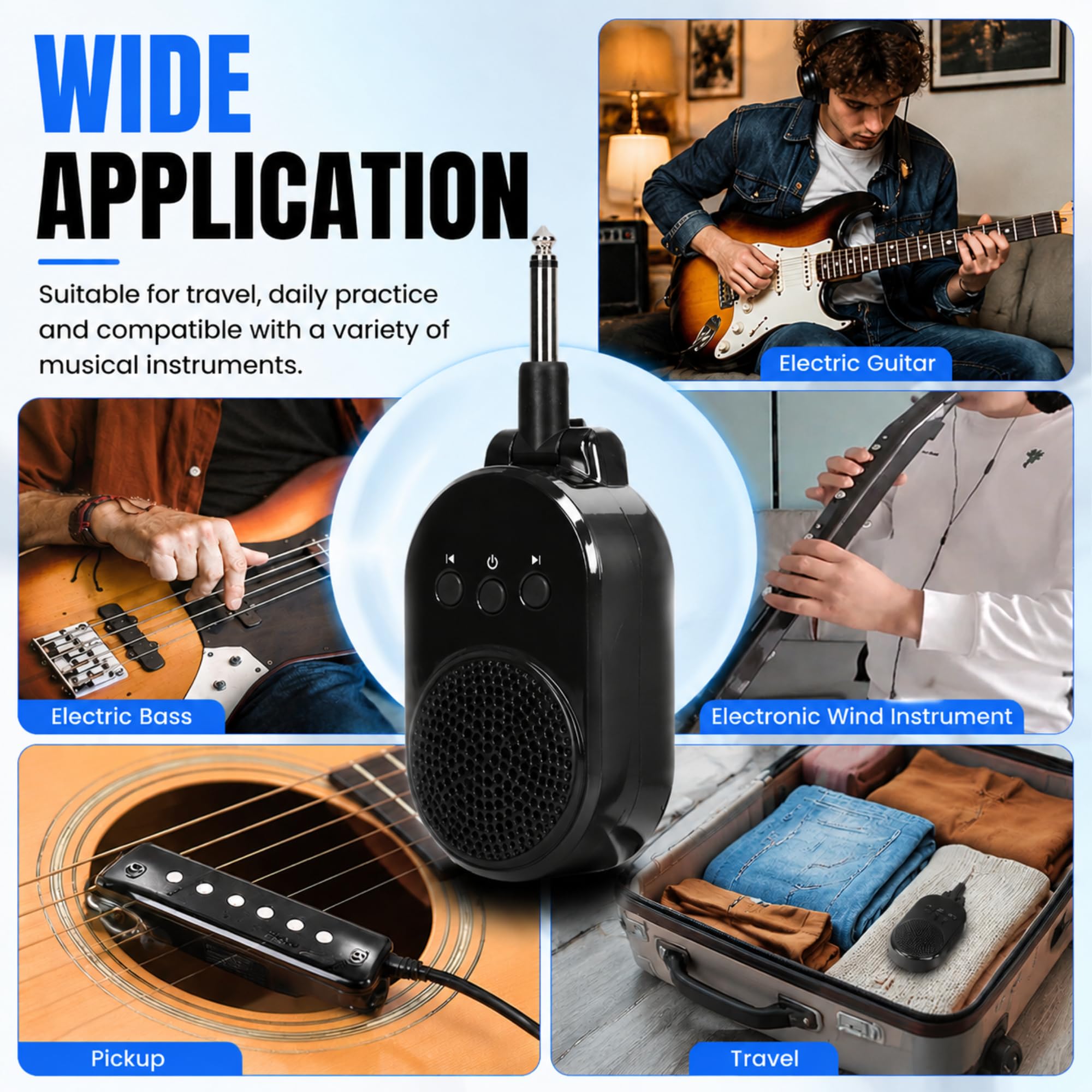 Mini Amplificatore per Chitarra 5W Bluetooth 5.0 Amplificatore Portatile Plug-in USB Ricaricabile Ruotabile a 270° con Interfaccia di Ingresso Audio TRS 1/4 (6,35 mm) p