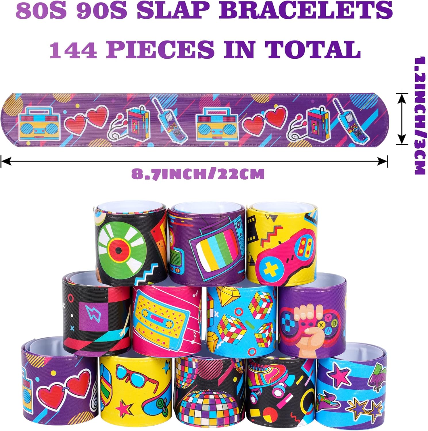 Kolewo4ever 144 Pcs 80s 90s Slap Bracelets Back to 80s 90s Throwback Theme Party Decorations Slap Bracelets Retro Cute Cassette Tape for Birthday Party Supplies - Image 2