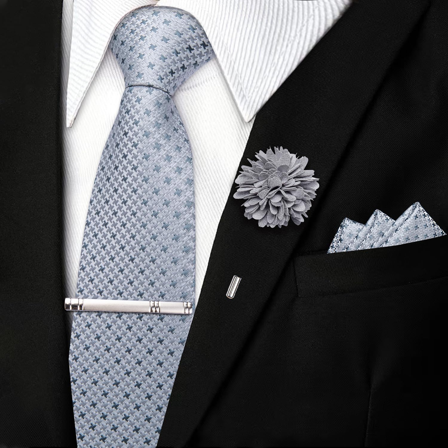 DiBanGu Mens Silk Zipper Tie Adjustable Pre-tied Solid Plaid Necktie Pocket Square Lapel Pin Cufflinks Tie Clip Set